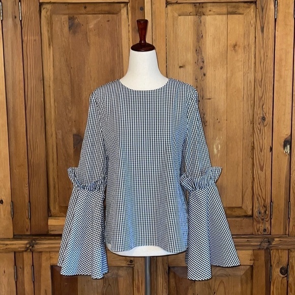 Scrap Work Boutique Gingham Bell Sleeve Blouse Sz. S - Picture 1 of 16